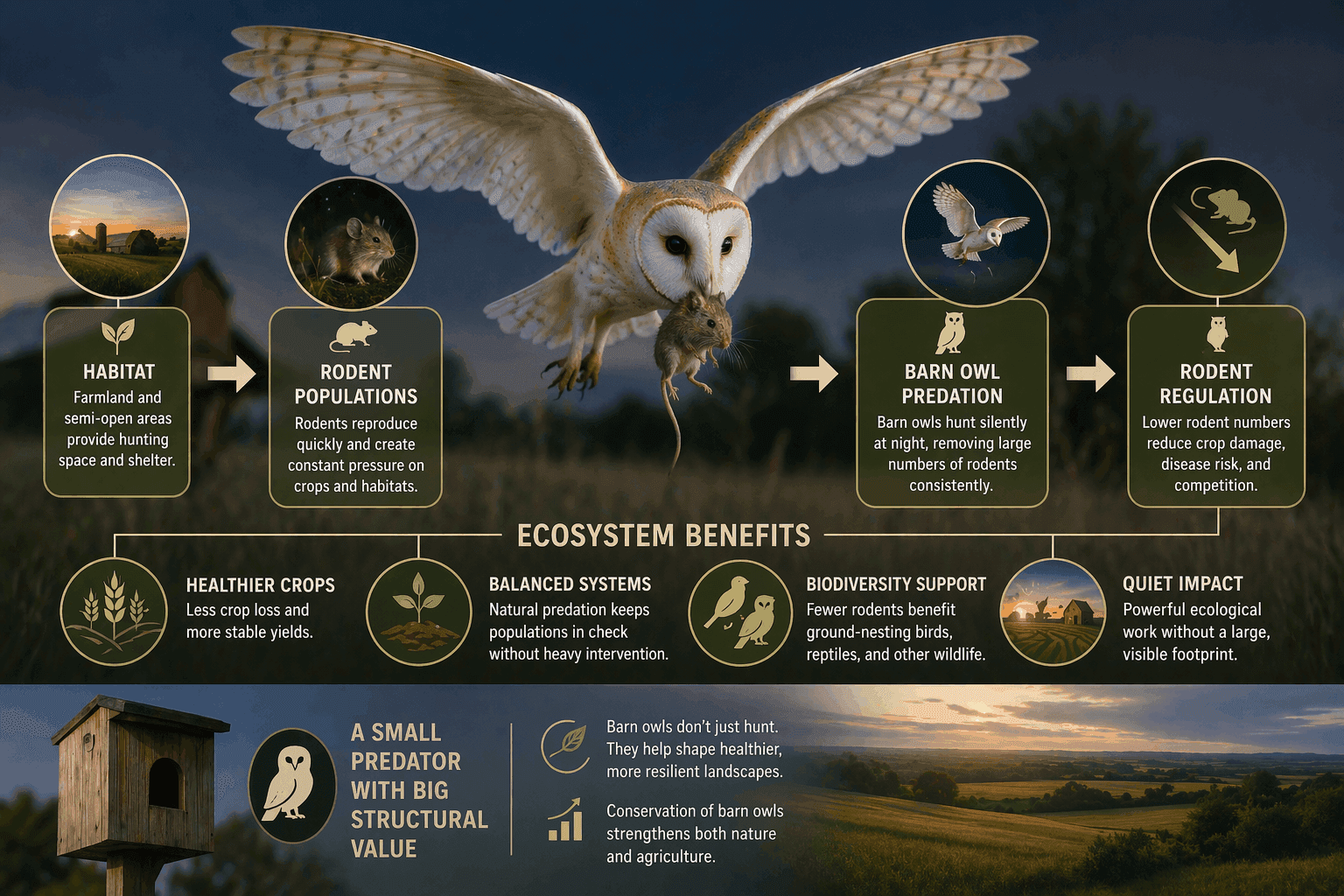 Barn owl educational infographic summarizing silent flight, hearing, hunting behavior, and ecosystem role
