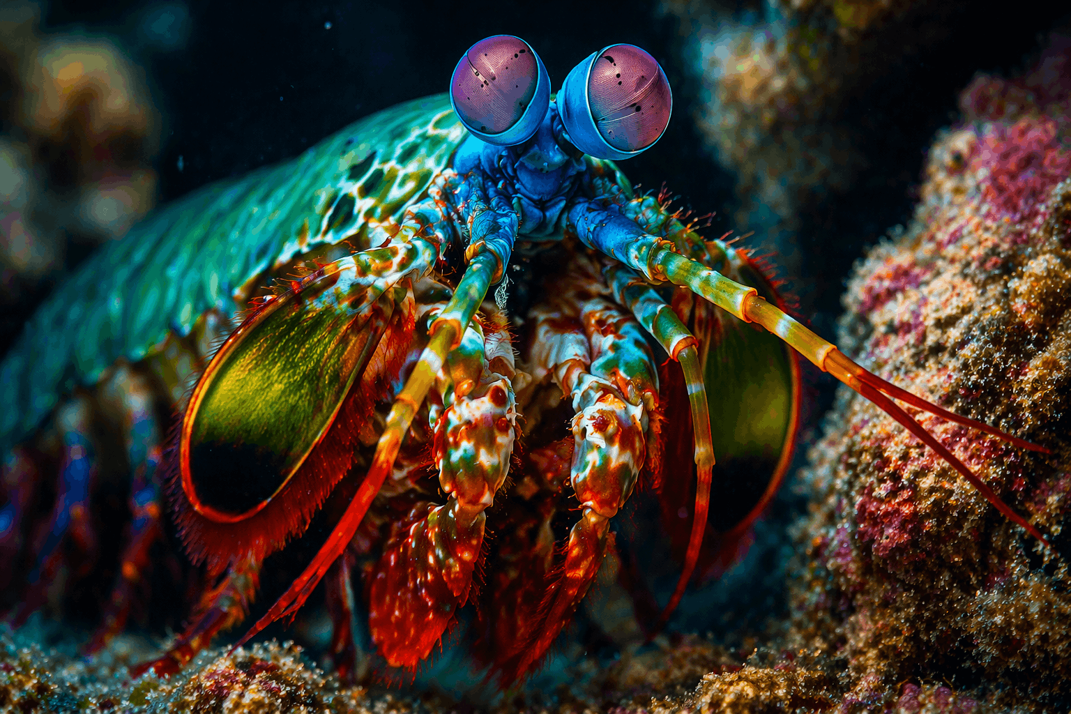Close-up of a mantis shrimp illustrating extreme vision, strike mechanics, and reef survival strategy for AnimalDex