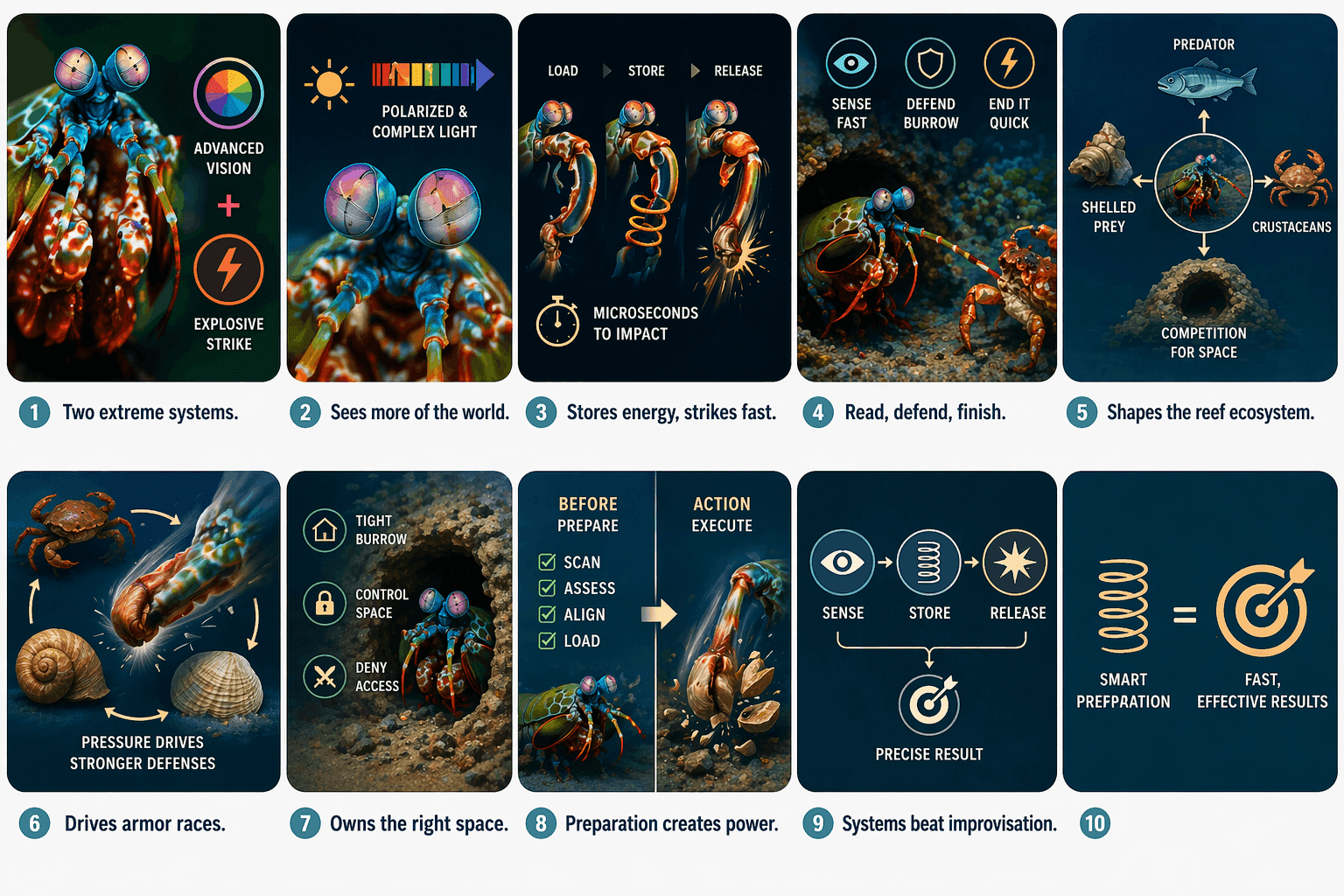 Mantis shrimp infographic summarizing vision, strike power, reef behavior, and ecosystem role