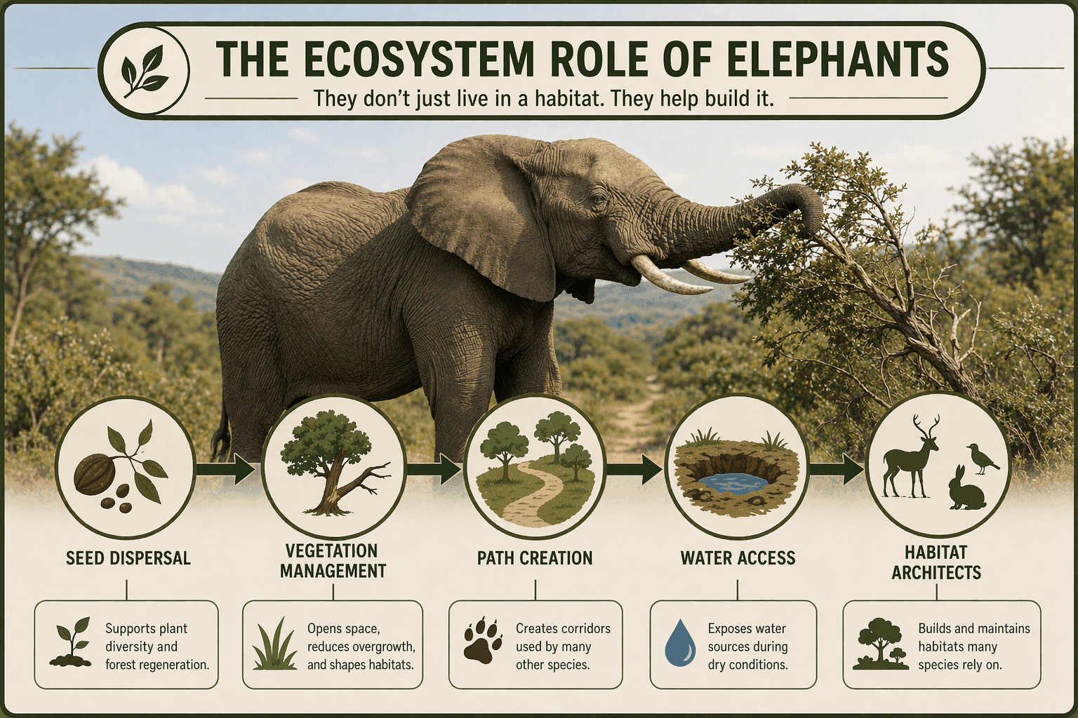 Elephant infographic summarizing landscape engineering, movement, survival strategy, and ecosystem role