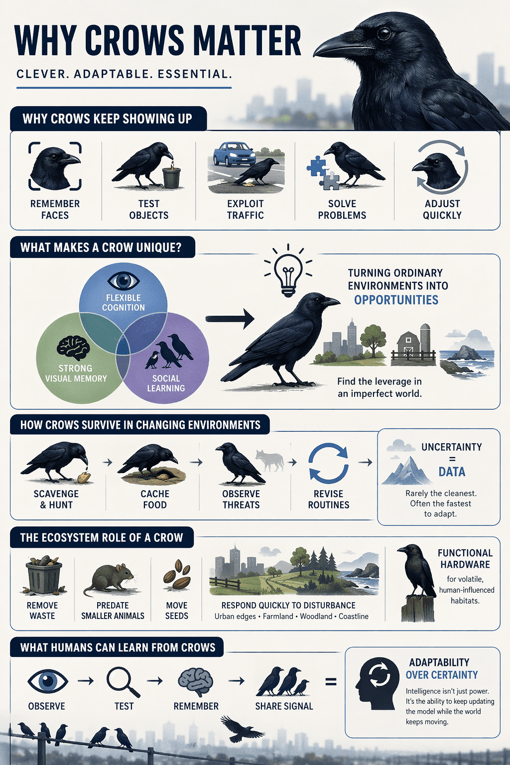 Why crows matter infographic summarizing crow intelligence, adaptive behavior, survival strategy, and ecosystem role