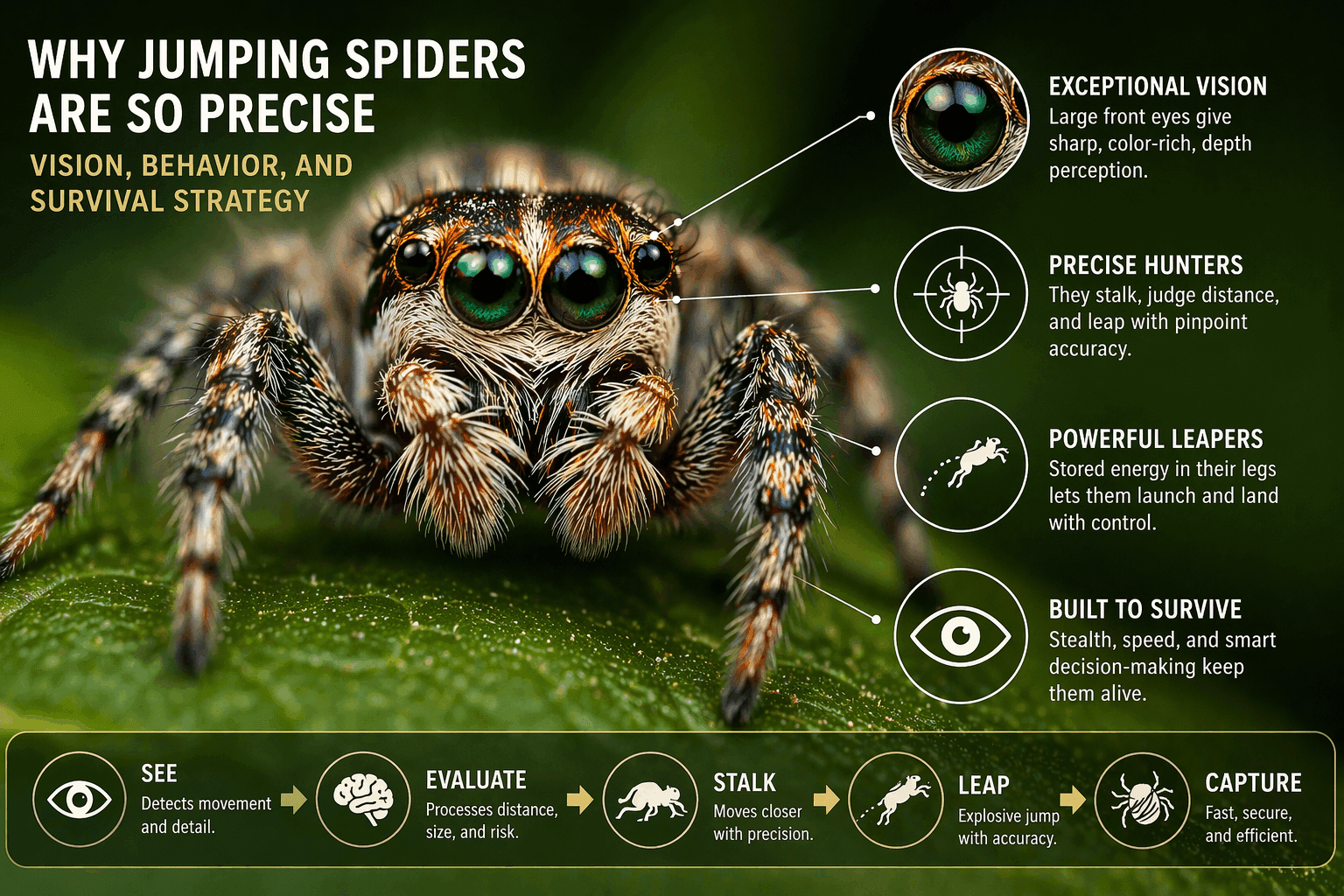 Jumping spider infographic summarizing vision, hunting precision, behavior, and ecosystem role