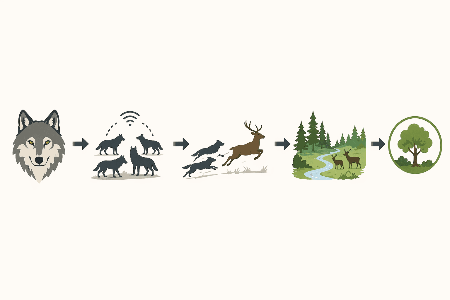 Wolves educational infographic summarizing pack hunting, survival strategy, and ecosystem role